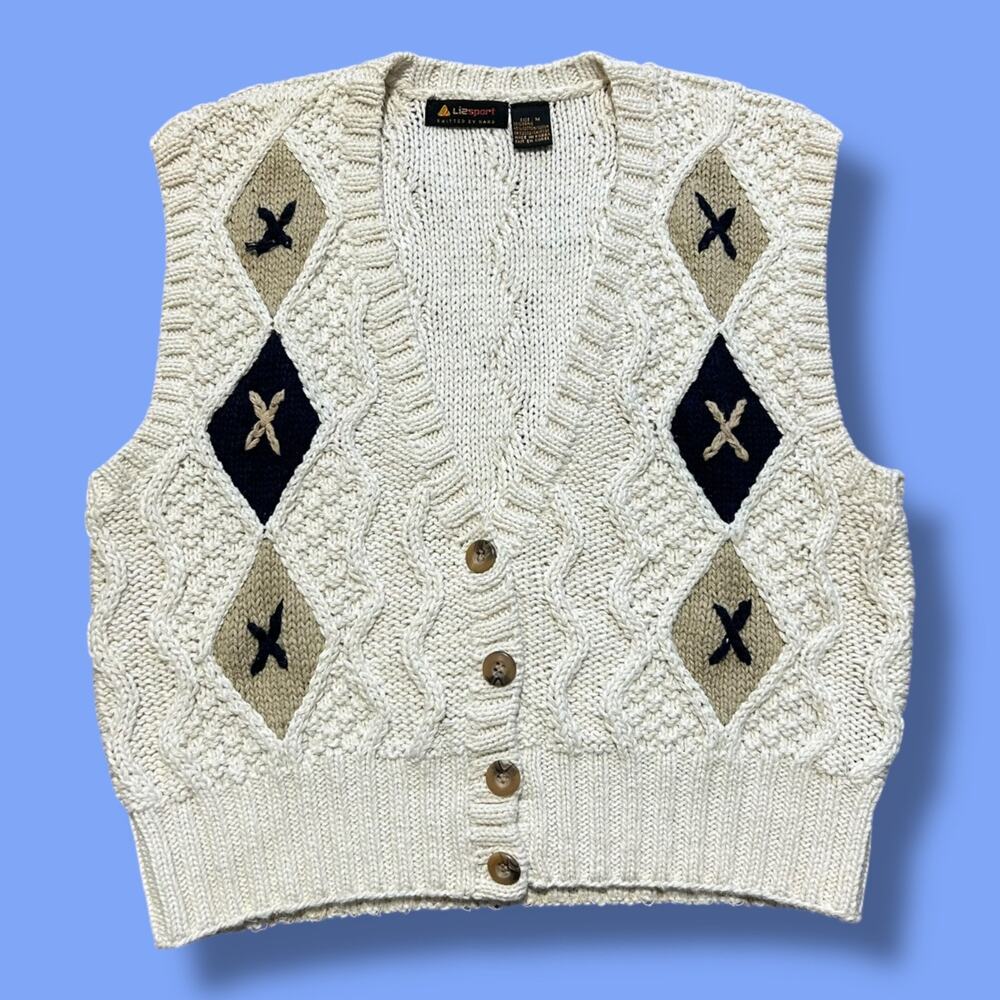 Vintage Sweater Vest Hand Knitted Chunky Knit 90s y2k Ramie Cotton Womens Medium